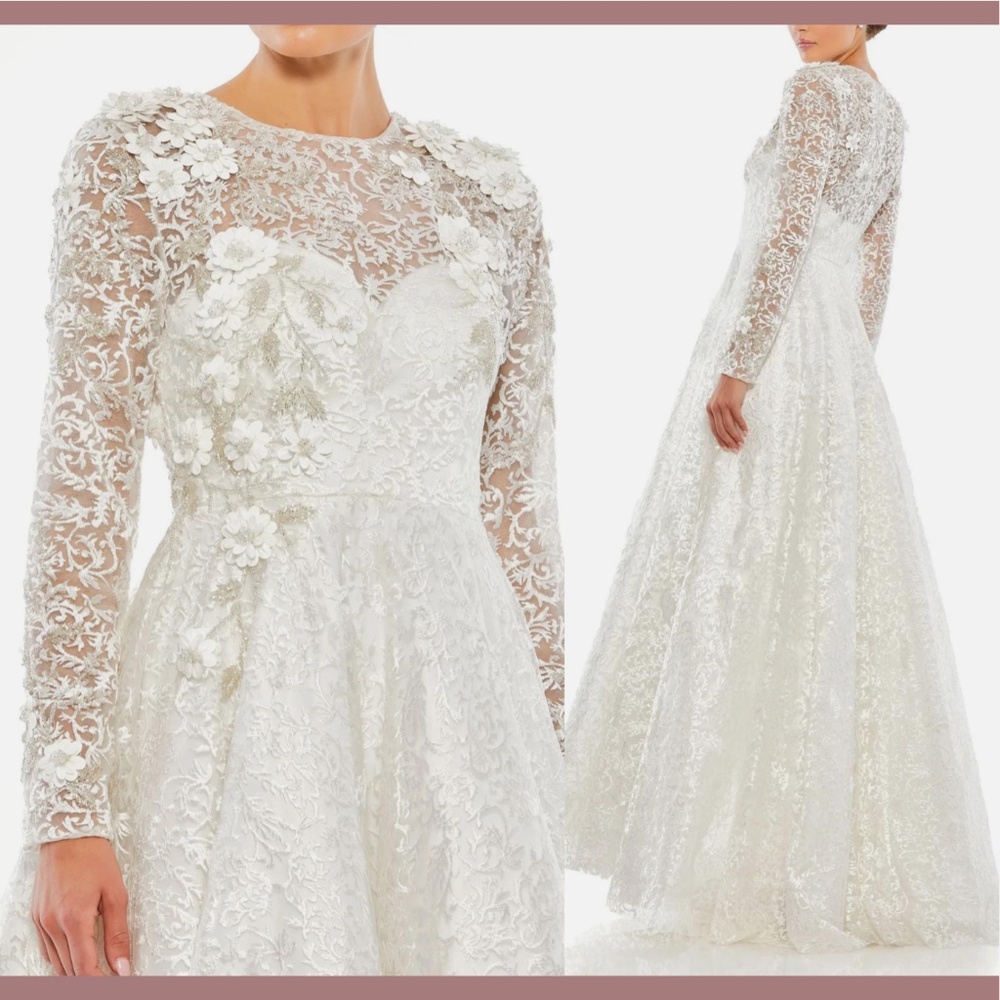 NEW Mac Duggal [ 12 ] Floral Embellished Long Sleeve A-Line Gown‎ White Wedding